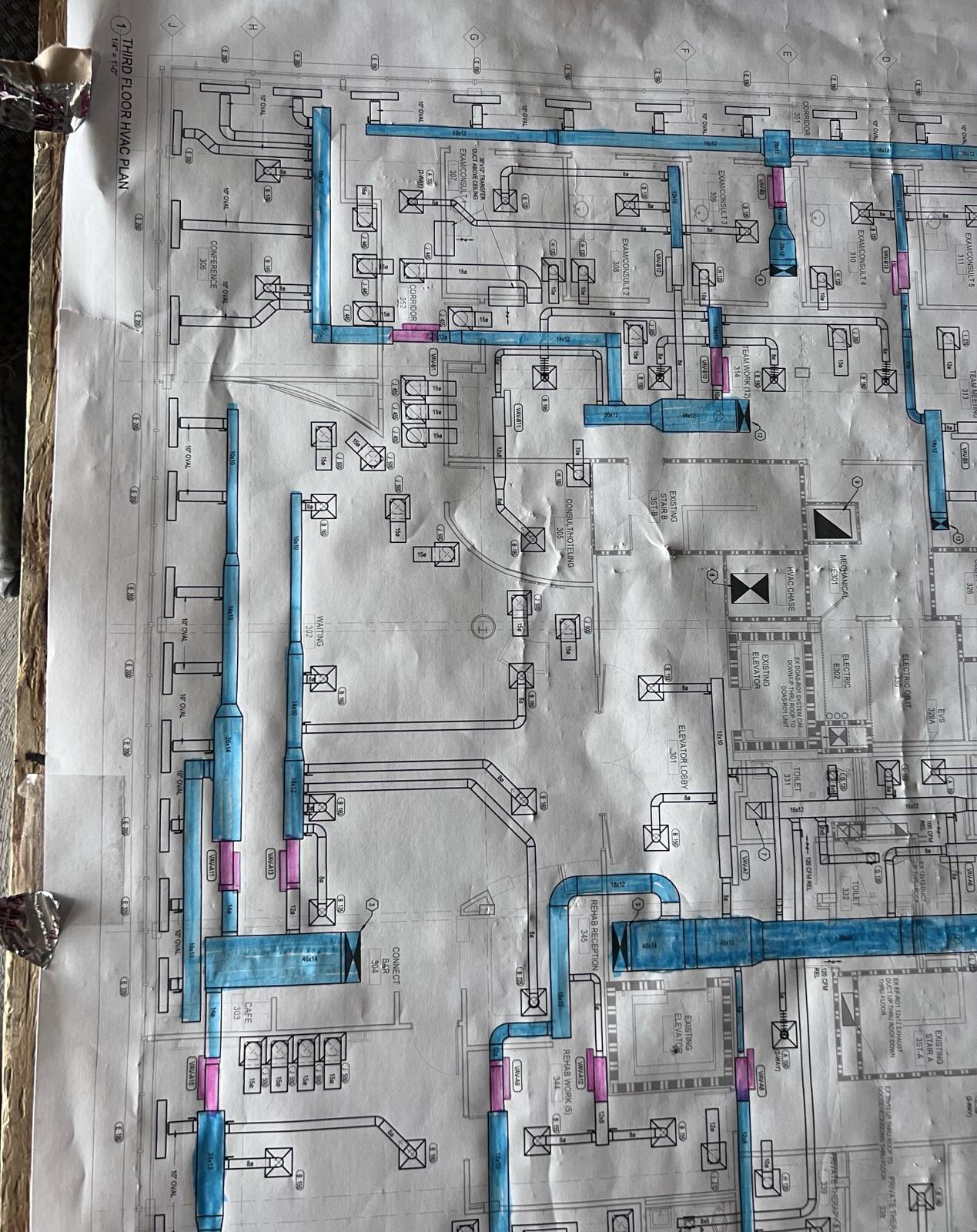 Third floor HVAC plan with supply mains and VAV boxes marked up for fabrication