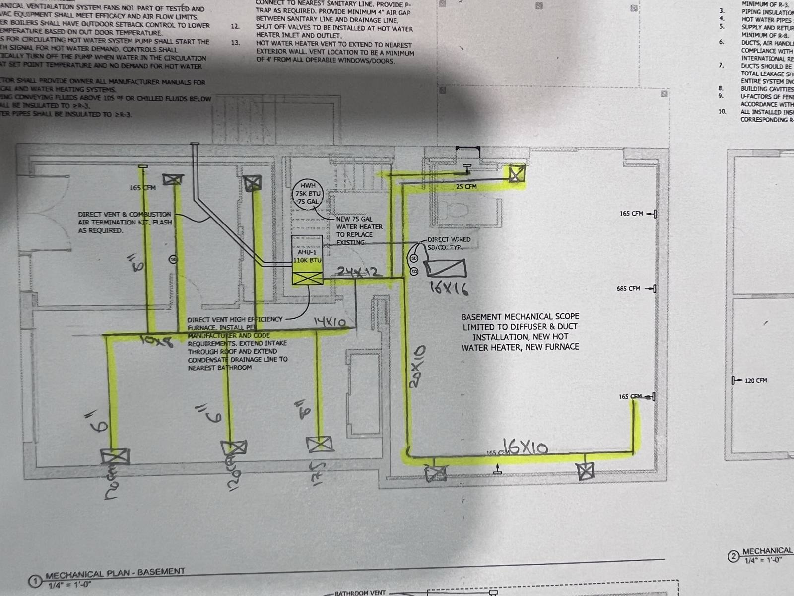 Basement mechanical plan: furnace, water heater and duct runs sized by hand