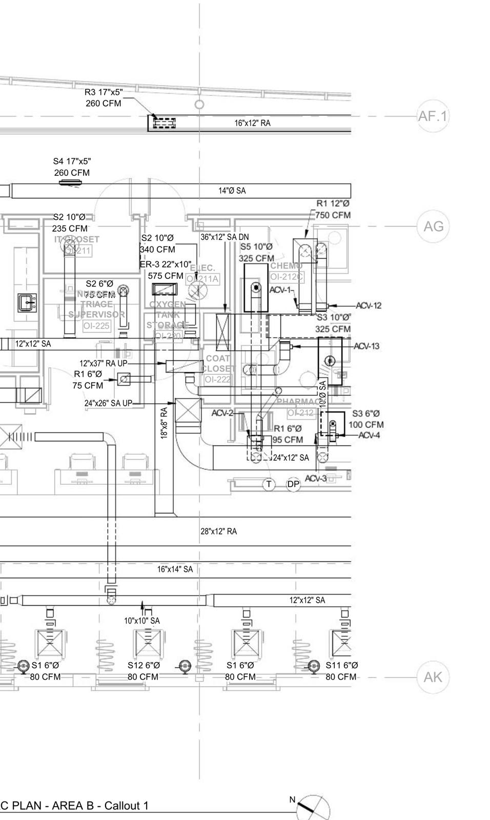 Pharmacy ductwork callout: supply, return and air control valves